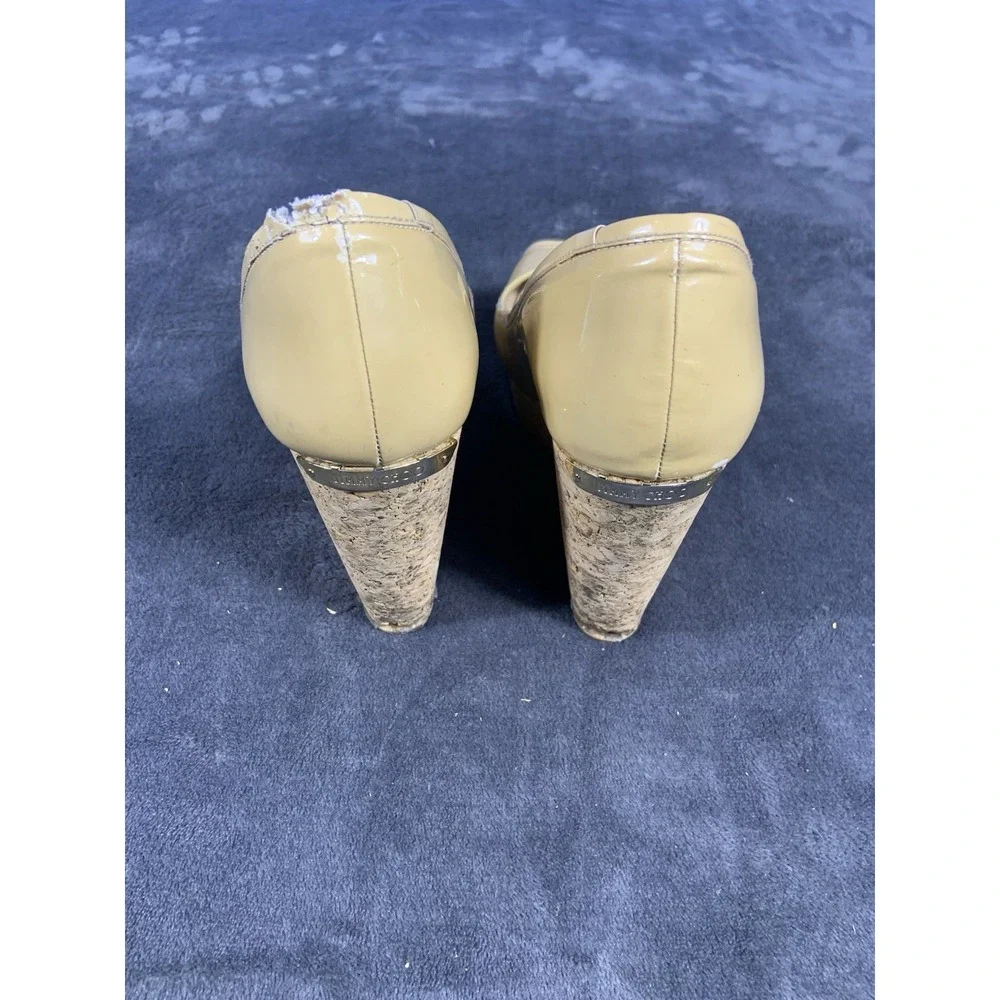 Jimmy Choo Size 37 1/2 Natural Papina Patent Leather and Cork Wedges $450